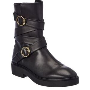 Stuart Weitzman Black Ankle Boots with Gold Buckles